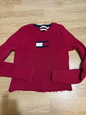 Tommy Hilfiger Red Ribbed Crewneck with Flag Detail